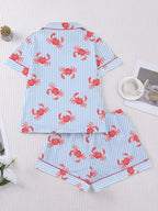 2pcs Women's Pajama Set, Striped Crab Print, Women's Loungewear, Spring/Summer Holiday Outfit, Short Sleeve Lapel Top And Shorts Set Suitable For Outdoor Wear