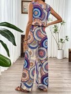 Women's Bohemian Style Sleeveless Jumpsuit, All over Print, Fitted, Casual, Round Neck, Wide Leg, Elastic Waist, Party & Vacation, Boho