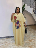 Plus Size Women's Fashion Chic Striped Print V-Neck Dress, Casual Daily Wear, Ethnic Boubou Kaftan for Party & Beach