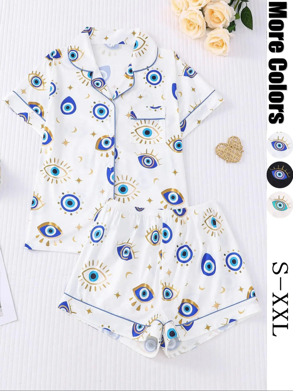 Women's All Over Cartoon Eye Print Short Sleeve Two-Piece Set