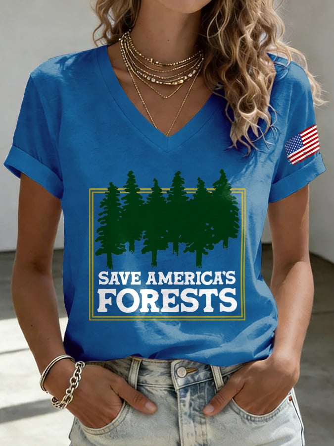 V-Neck Retro Save America's Forests Print T-Shirt