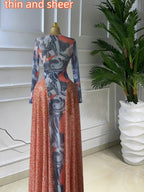 Elegant Chic Women's O-neck Long Sleeve Big Swing A-line Formal Prom Dress, Evening Formal Wear, Sexy Party Outfit Evening Gown, Street Beach Summer Vacation Maxi Sheer Print Dress, Female Fashion Music Festival Dress,Lady Cocktail Skirt