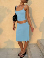 Women's Casual Fitted Solid Color Camisole And Skirt Basic Street Style Vacation Everyday 2-Piece Set Black Summer Elegant