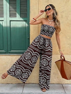 Frenchy Women's Blue And White Plant Print Cropped Tube Top & Wide Leg Pants 2 Pieces Set,Boho Summer Holiday Vacation Holiday Beach Bohemian Outfits Suit