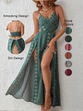Women's Boho Print Striped Bodycon Dress, Split Thigh Backless Spaghetti Strap, Perfect for Beach Vacation & Layering