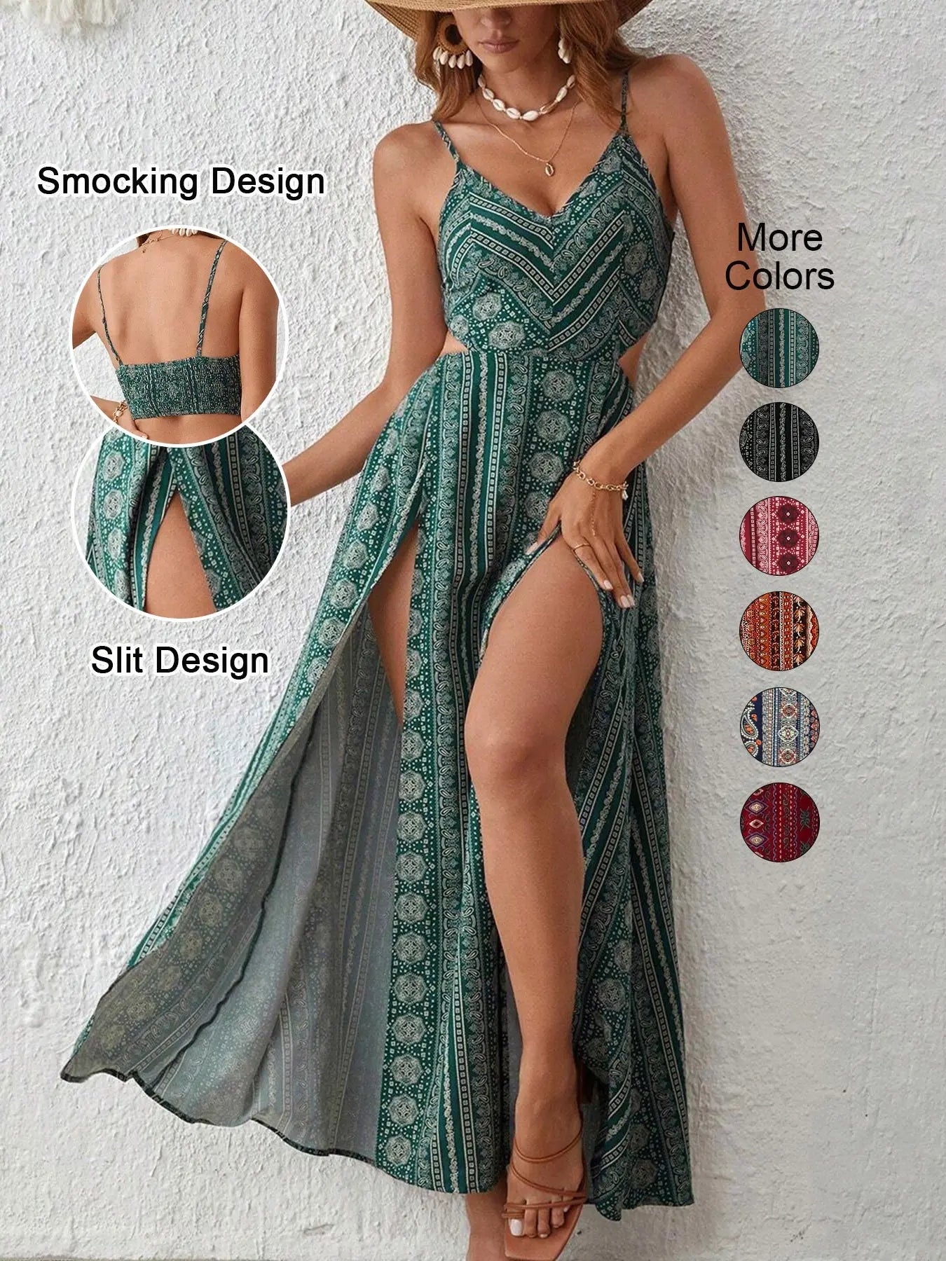 Women's Boho Print Striped Bodycon Dress, Split Thigh Backless Spaghetti Strap, Perfect for Beach Vacation & Layering