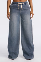 Want No Smoke Pull On Tie Waist Jeans - Vintage Wash