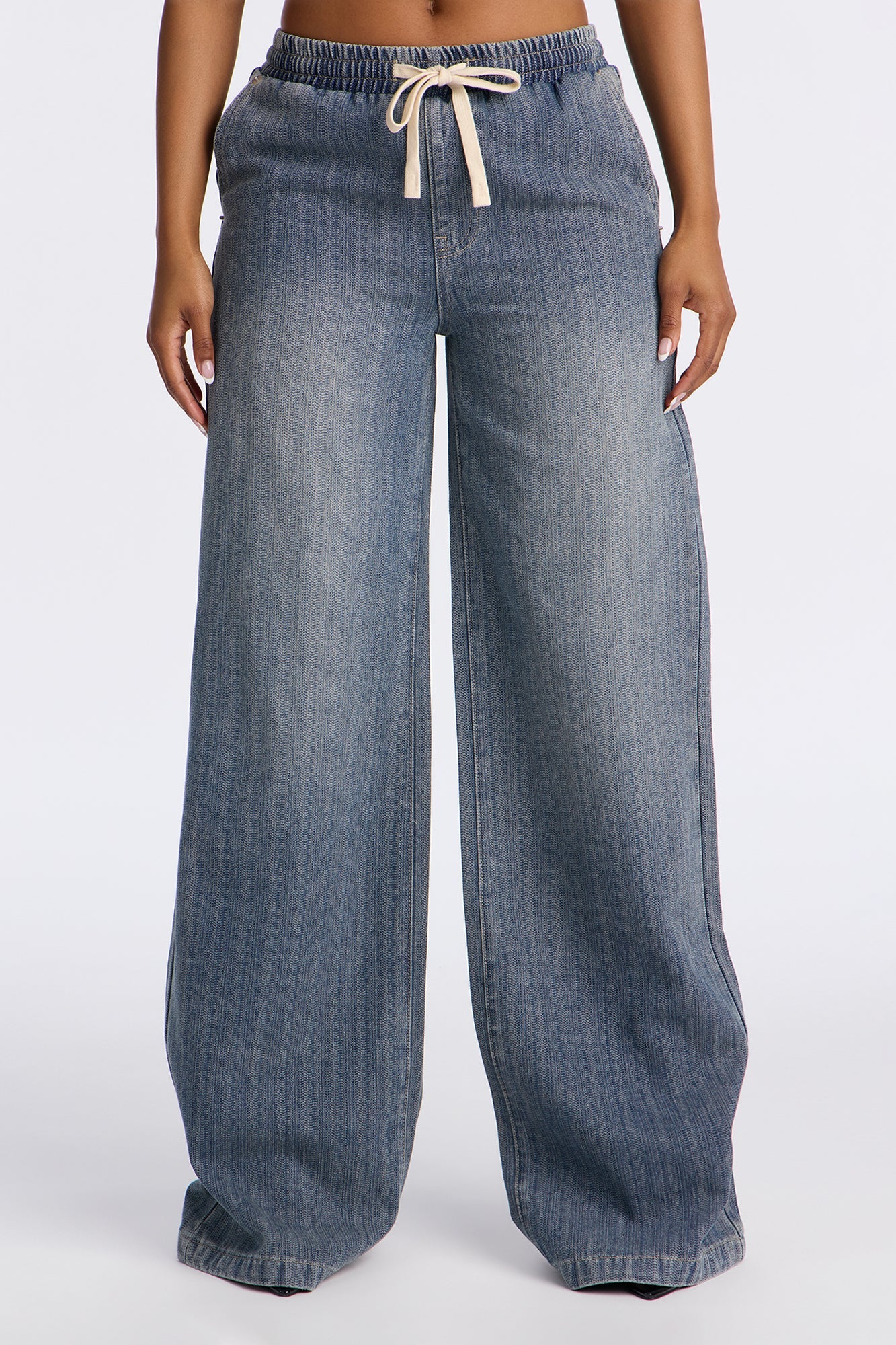 Want No Smoke Pull On Tie Waist Jeans - Vintage Wash