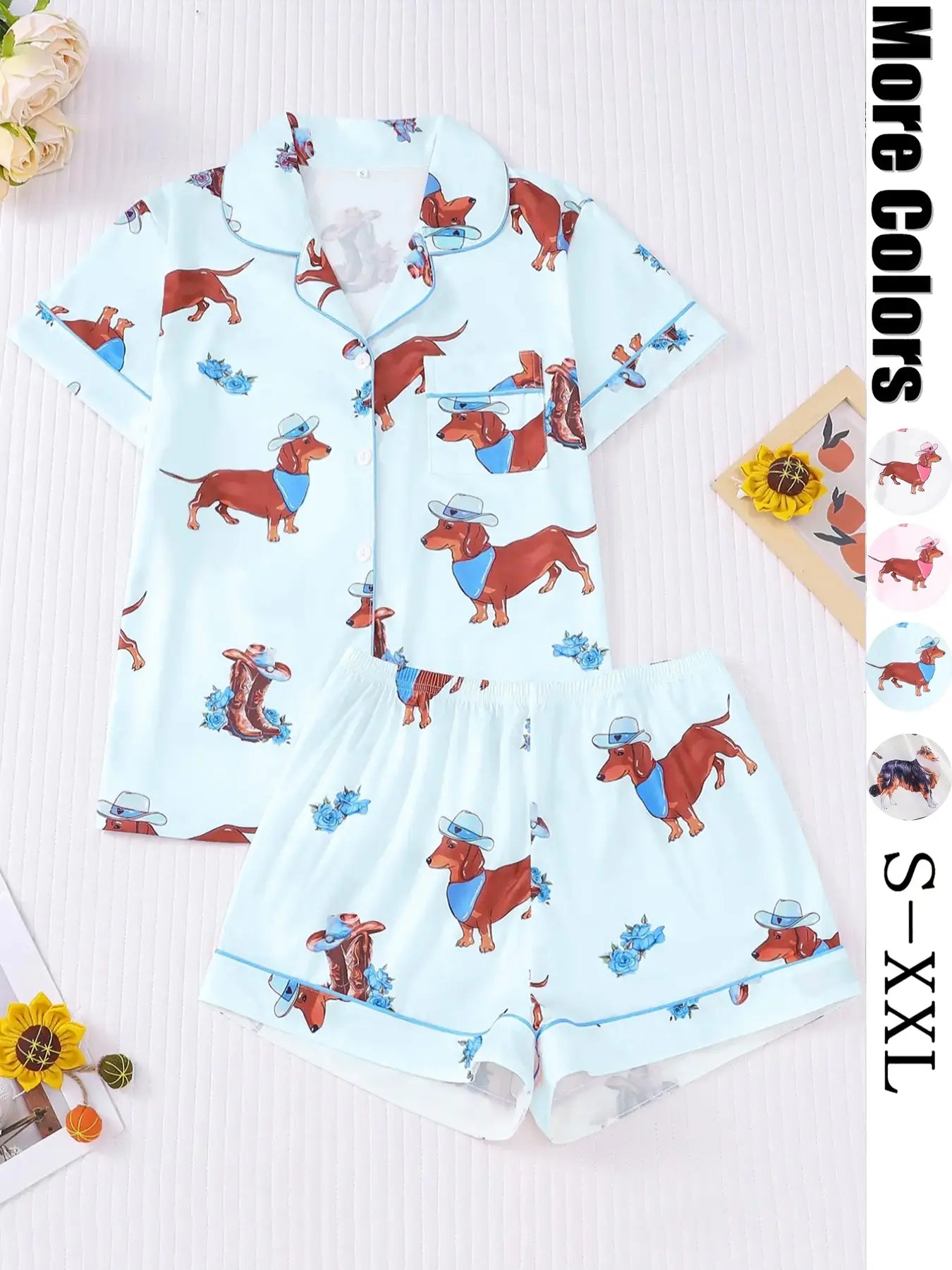 Women's All Over Dachshund Print Shirt & Elastic Waist Shorts Pyjama Two-piece Set