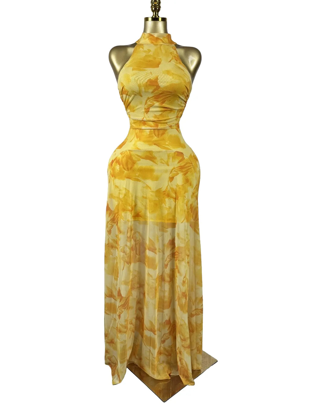 Women's O-Neck Sleeveless Stacked A-line Maxi Dress, Elegant Romantic Dress, Autumn Party Gown, Beach Evening Dress, Printed Long Dress for Birthdays, Jellyfish Camouflage Printed with Sashes Floor Length Dresses