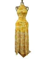 Women's O-Neck Sleeveless Stacked A-line Maxi Dress, Elegant Romantic Dress, Autumn Party Gown, Beach Evening Dress, Printed Long Dress for Birthdays, Jellyfish Camouflage Printed with Sashes Floor Length Dresses