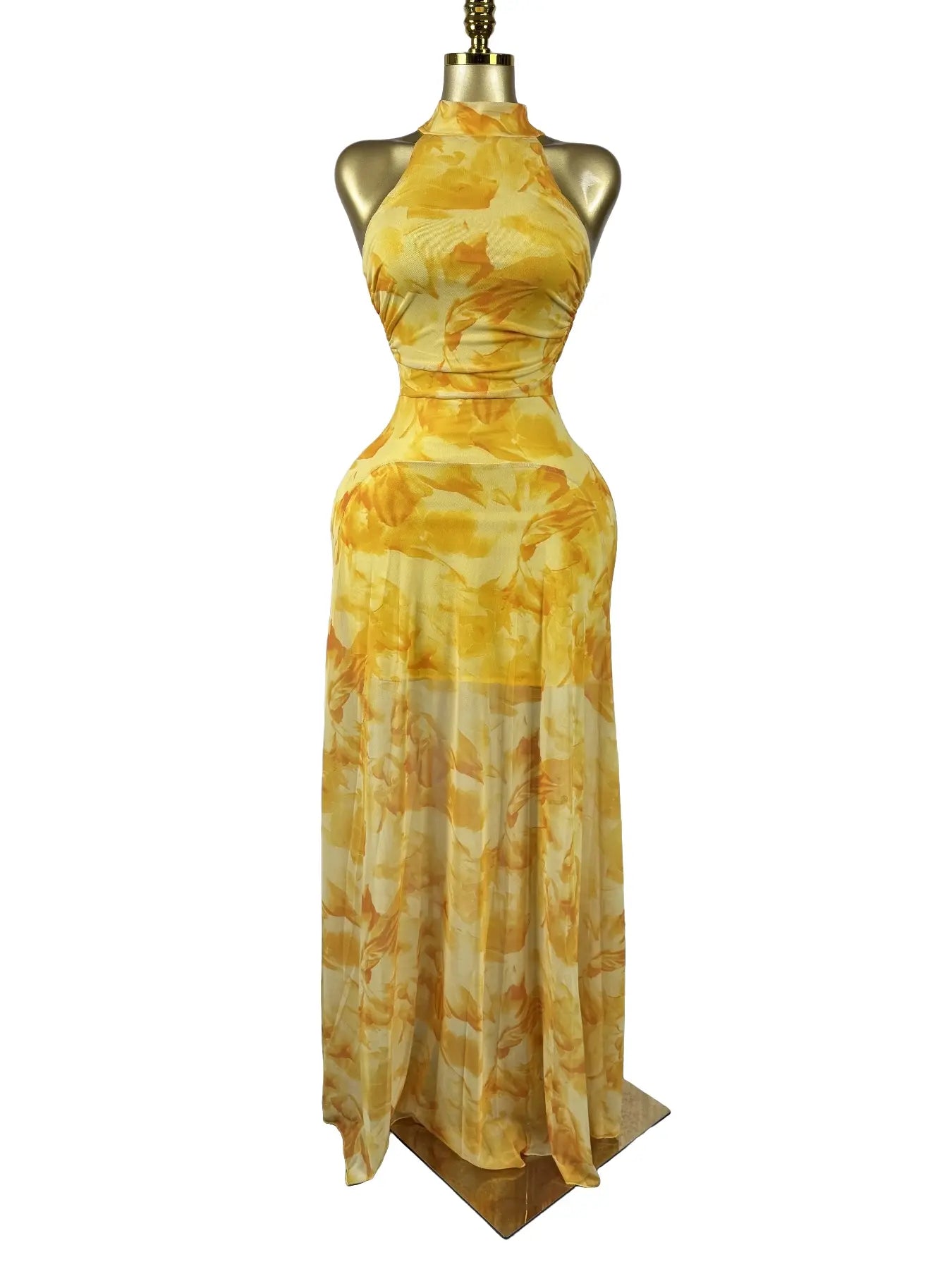 Women's O-Neck Sleeveless Stacked A-line Maxi Dress, Elegant Romantic Dress, Autumn Party Gown, Beach Evening Dress, Printed Long Dress for Birthdays, Jellyfish Camouflage Printed with Sashes Floor Length Dresses