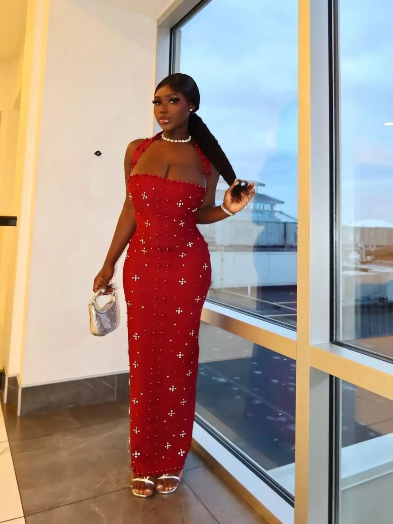 Elegant One-Shoulder Strapless Asymmetrical Women Dress, Rhinestone High Split Bodycon Dress, Beaded Embellished Evening Gown, Chic Formal Wear Fit