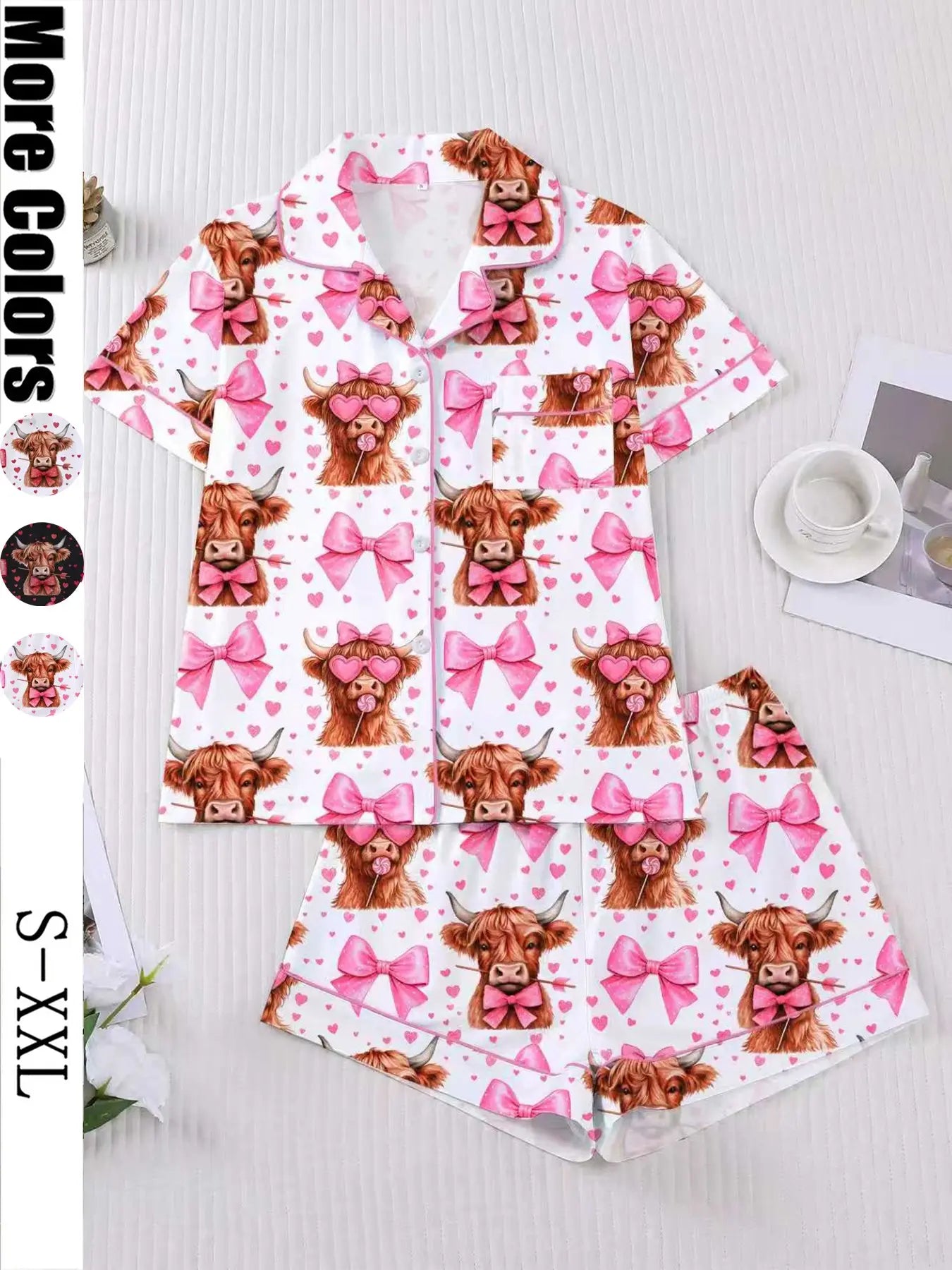 Women's Sleepwear Set, Pajama Set, Pjs, Short Sleeve Button-Up Top & Elastic Shorts