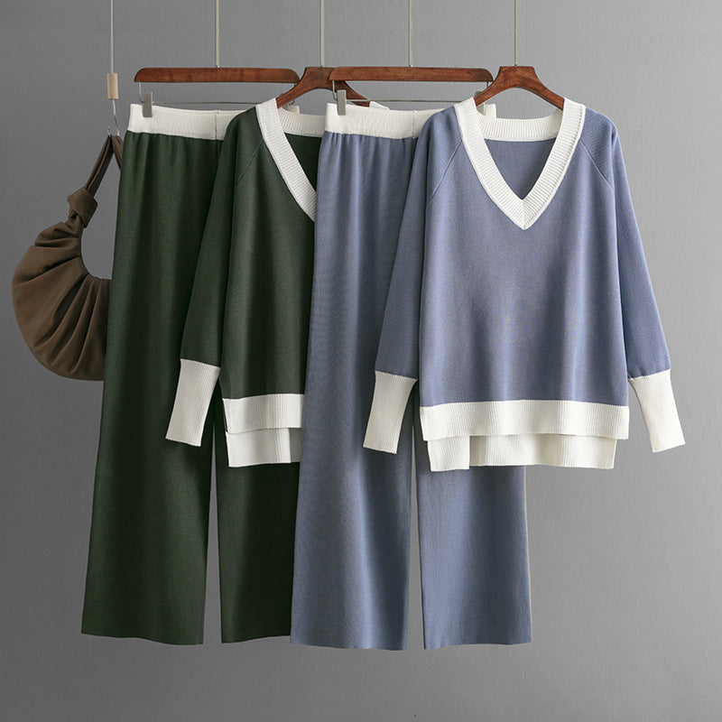 Casual V-Neck Contrast Top & Wide-Leg Pants Two-Piece Set