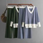 Casual V-Neck Contrast Top & Wide-Leg Pants Two-Piece Set
