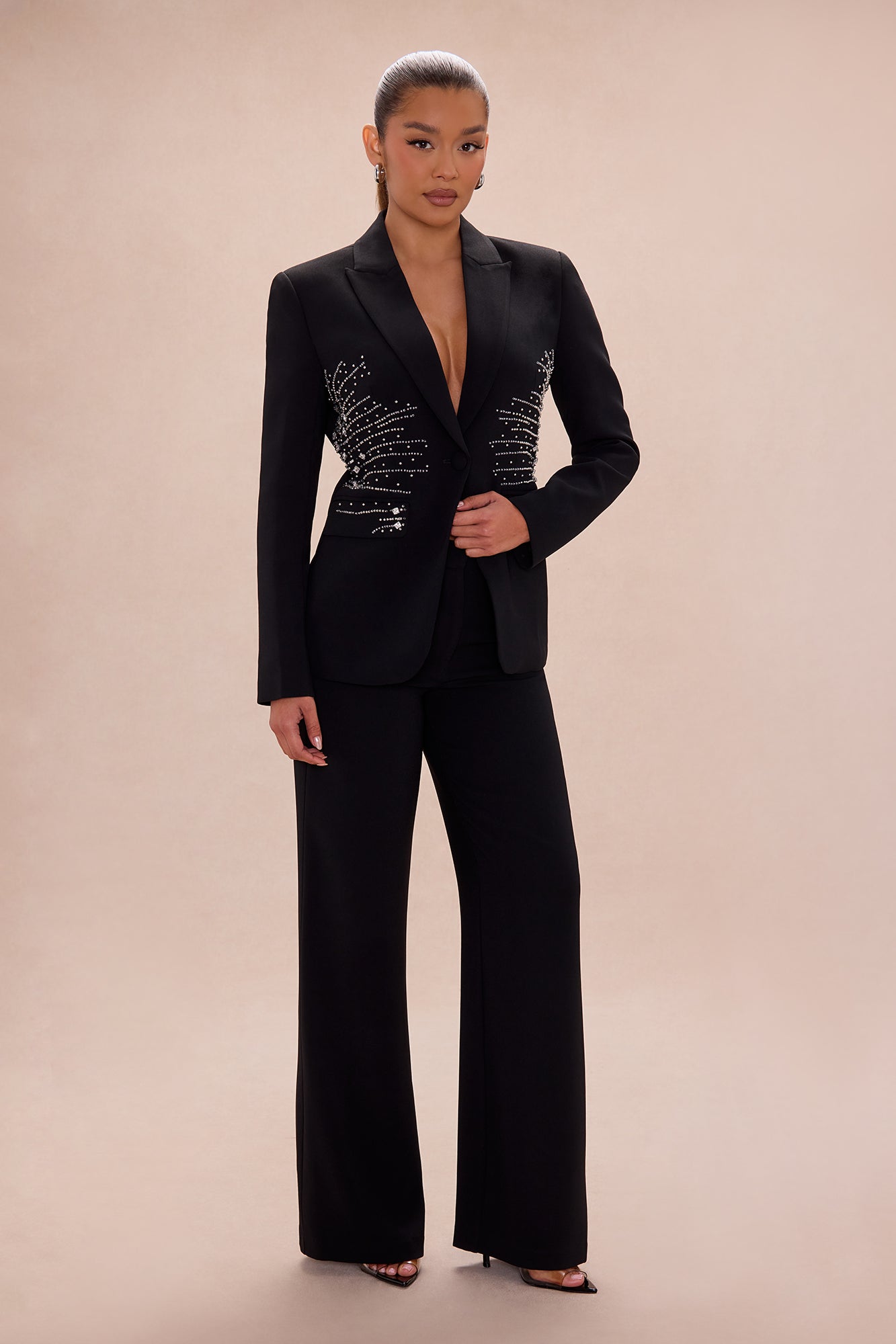 Riley Embellished Blazer Pant Set - Black
