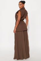 Aria Belted Blazer Pleated Maxi Skirt Set - Black