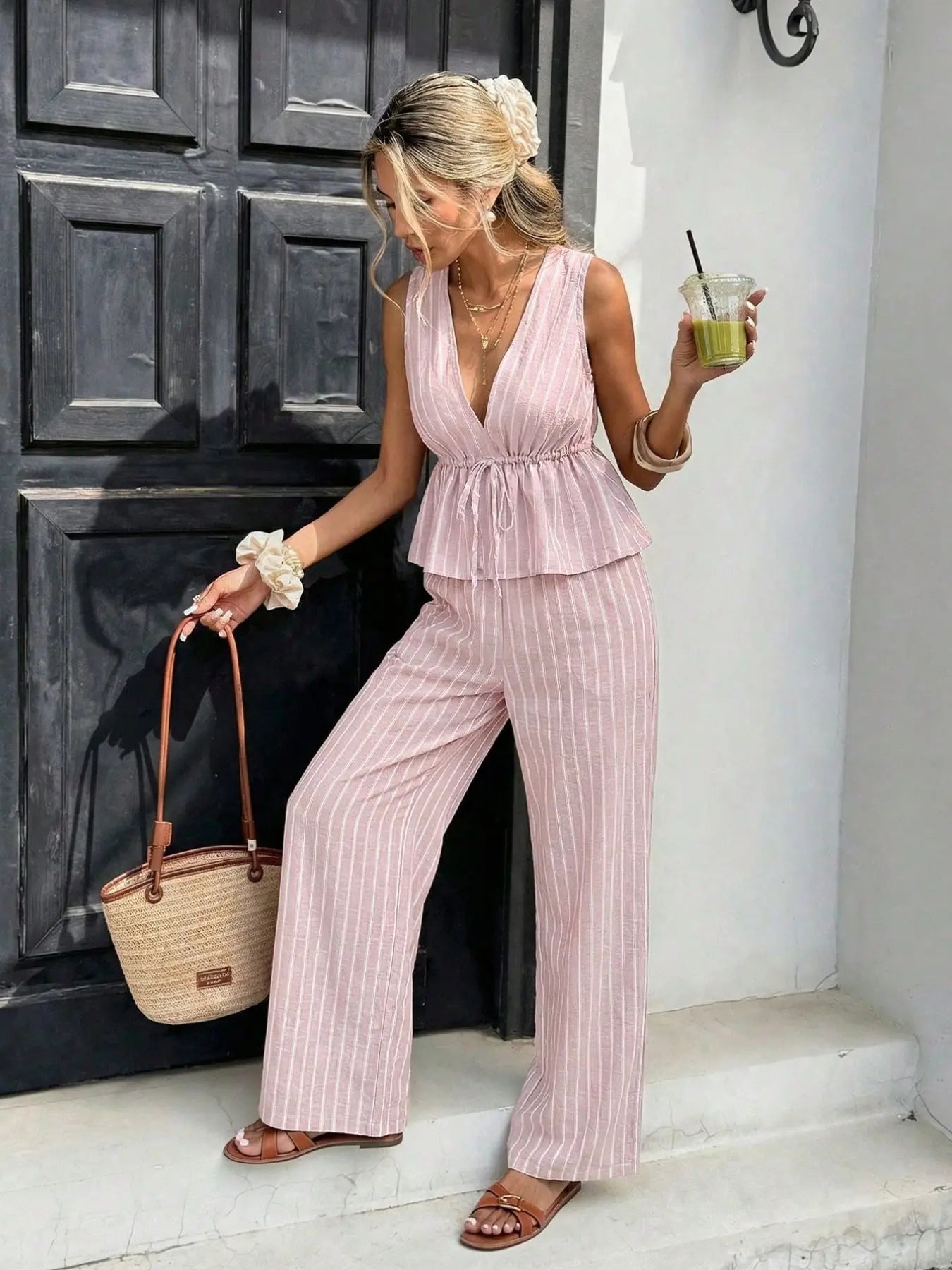 Women's Striped Tie-Waist Sleeveless Shirt Set, Long Pants Casual Two-Piece, Vintage Bohemian Style, Commuter Wear