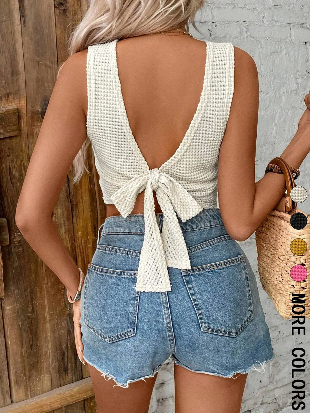Women's Plain Tie-Back Waffle Knit Fitted Tank Top