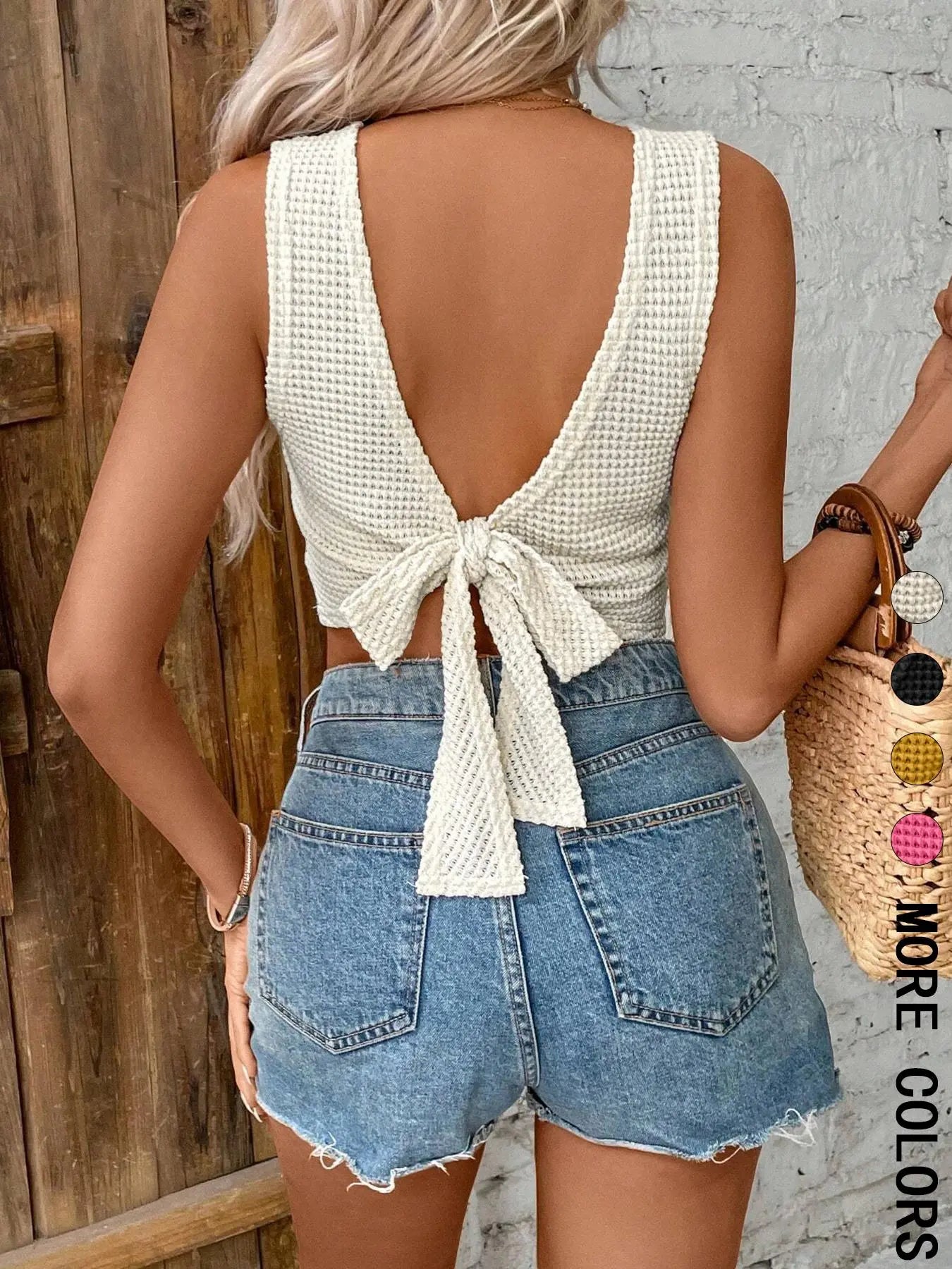 Women's Plain Tie-Back Waffle Knit Fitted Tank Top