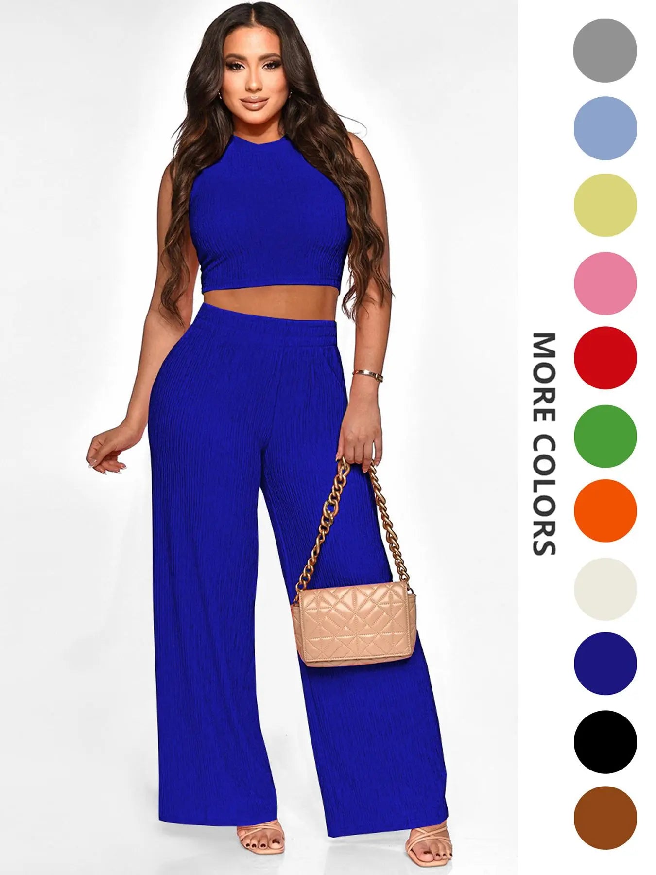 Two-Piece Set Women's Solid Textured Knit Fabric Co-ord Set Suits, Casual Round Neck Crop Tank Top & High Waist Wide Leg Pants Set, Ladies Summer Fit Clothes for Daily Wear, Womenswear