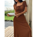 Women's Casual Solid Color Jacquard Gathered Ruffle Trim Square Neck Maxi Loungewear Dress Brown Dress Lounge Dress Summer Dress Tie Front Dress Midi Dress