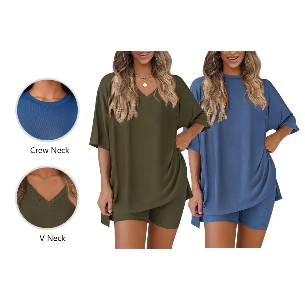 Women Summer  Casual Oversized  Split Hem Shirts & Side Pocket Biker Shorts