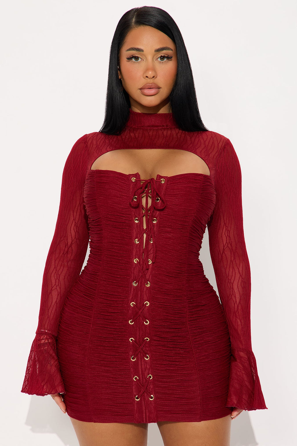 Kaity Lace Up Mesh Mini Dress - Wine