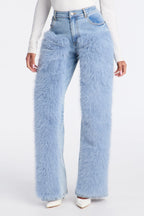 Finland Faux Fur Trim Jeans - Light Blue Wash