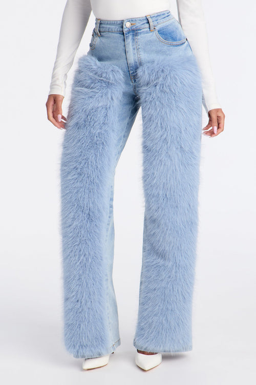 Finland Faux Fur Trim Jeans - Light Blue Wash
