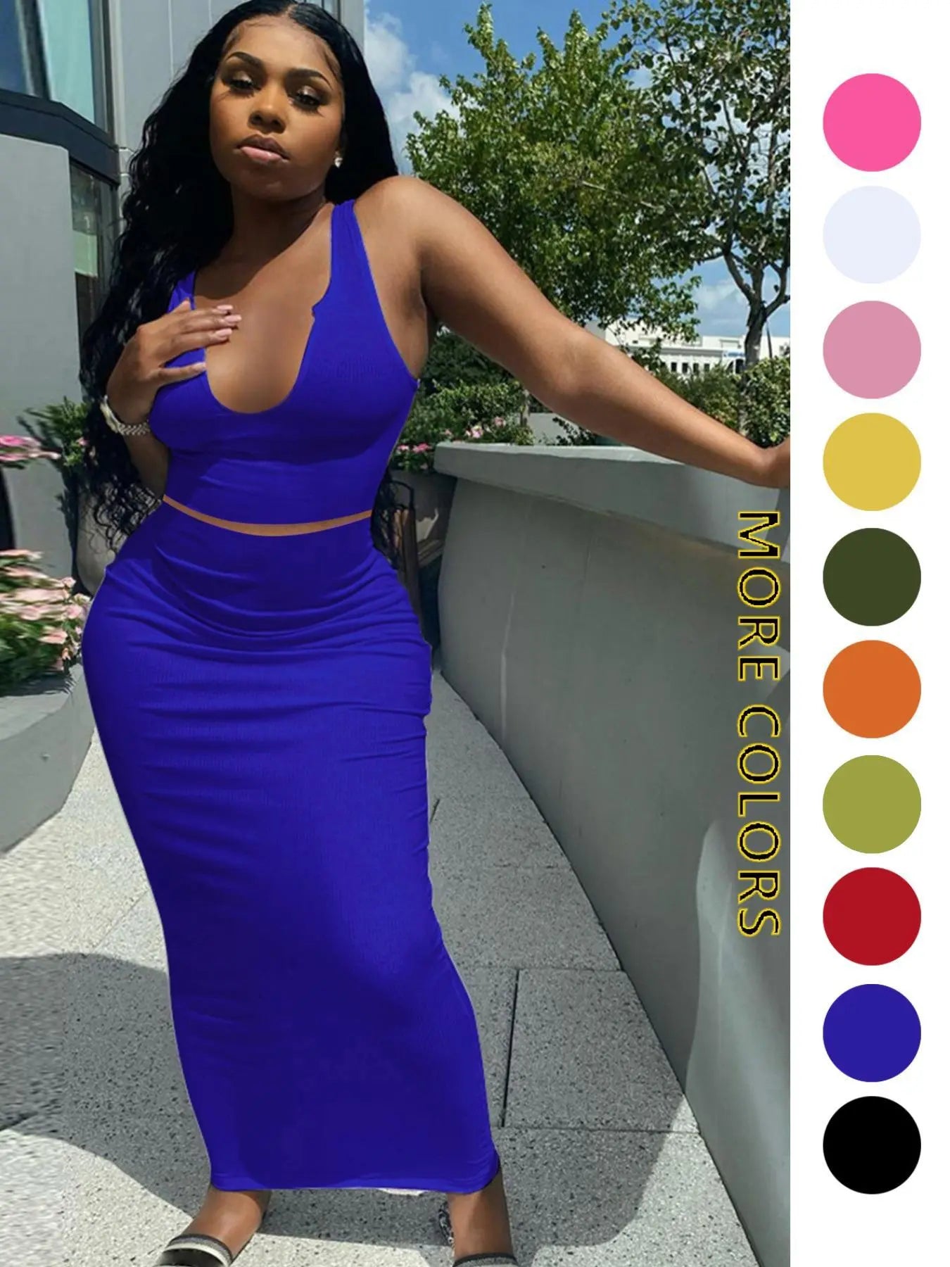 Two-piece Set Women's Solid Notched Neck Crop Tank Top & High Waist Bodycon Skirt Set, Casual Slim Sleeveless Top & Long Skirt, Ladies Summer Clothes for Daily Wear, Outfit Sets Women, Summer Outfits Set