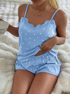 CottageSlumber Knitted Rib Fabric, Heart Print Patchwork With Lace Trim, Romantic Sweet Cute Sexy Camisole Women Summer Sets Outfit Pajamas Polka Dot Short Set PJS