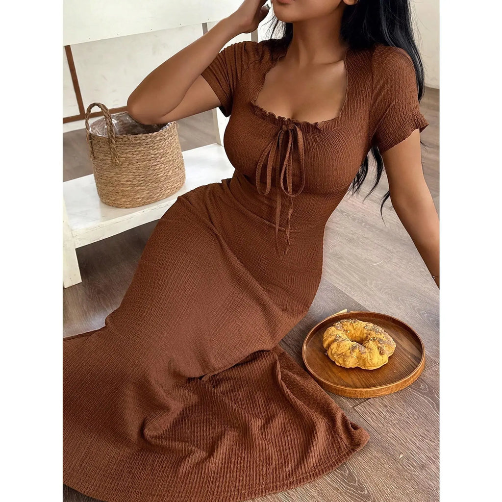 Women's Casual Solid Color Jacquard Gathered Ruffle Trim Square Neck Maxi Loungewear Dress Brown Dress Lounge Dress Summer Dress Tie Front Dress Midi Dress