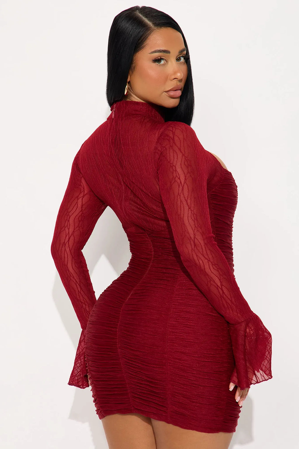 Kaity Lace Up Mesh Mini Dress - Wine