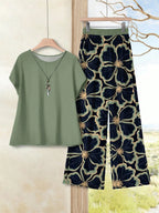 Women's Navy Blue Floral Summer Boho Casual Vacation Holiday 2 Pieces Outfits Plants-Pattern Pants And Round Neck Batwing Sleeve Blouse Woven Set