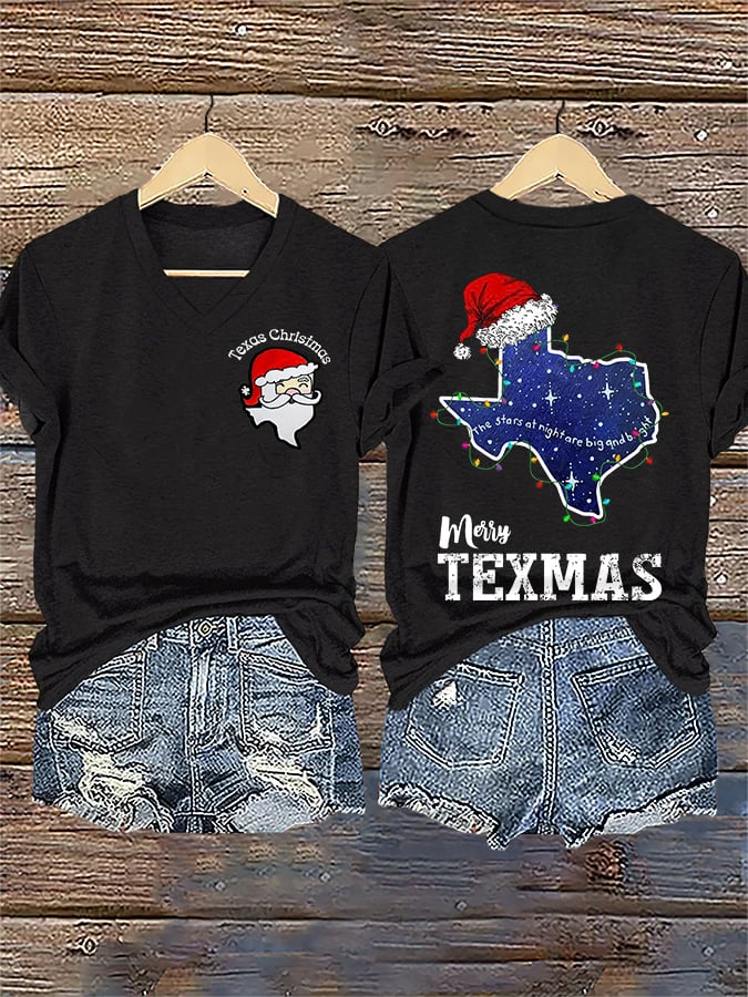 V-Neck Retro Texas Christmas The Stars At Night Are Big And Bright Deep In The Heart Of Texas Print T-Shirt