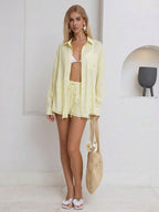 Sunnyshic 2pcs Women White Summer Casual Elegant Vacation Holiday Solid Color Linen Lightweight Button Down Collar Loose Long Sleeve Shirt & Low Waisted Shorts