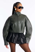 Liandra Faux Leather Funnel Neck Bomber Jacket - Olive