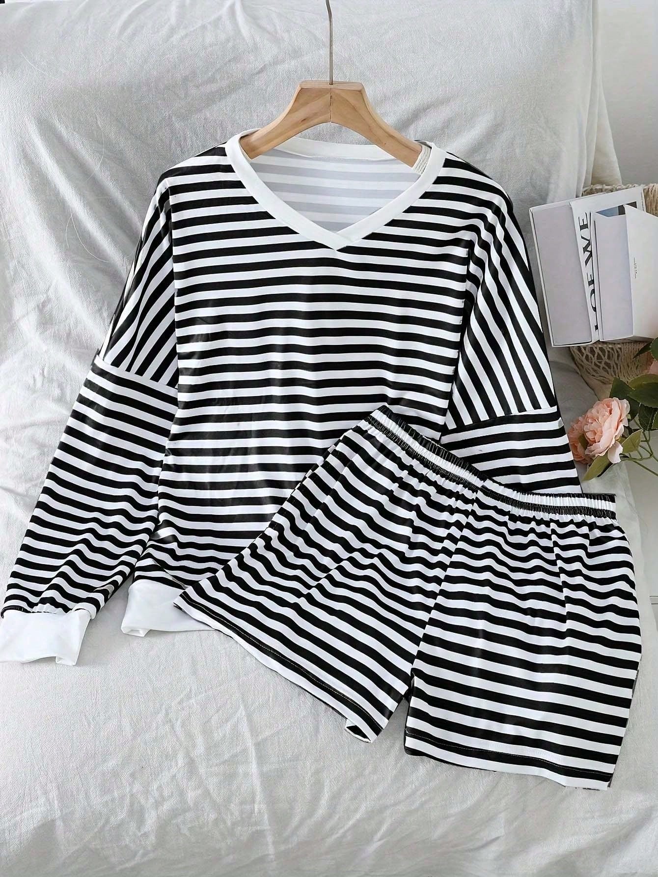 2pcs Women's Classic Striped Pajama Set, Long-Sleeved Pajama Shorts Set, V-Neck Design, Multiple Colors, Stylish, Casual, And Comfortable Pajama Set