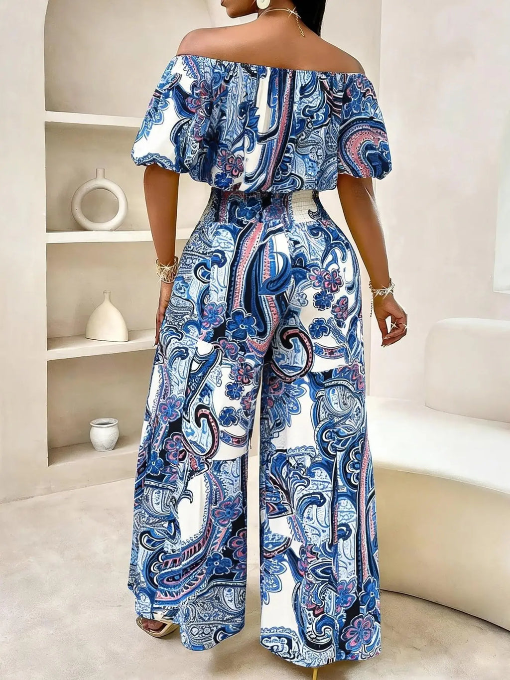 Women's Summer Paisley Print Vintage Vacation Two-Piece Set, Off-Shoulder Bubble Sleeve Crop Top + High Waist Drawstring Wide Leg Pants
