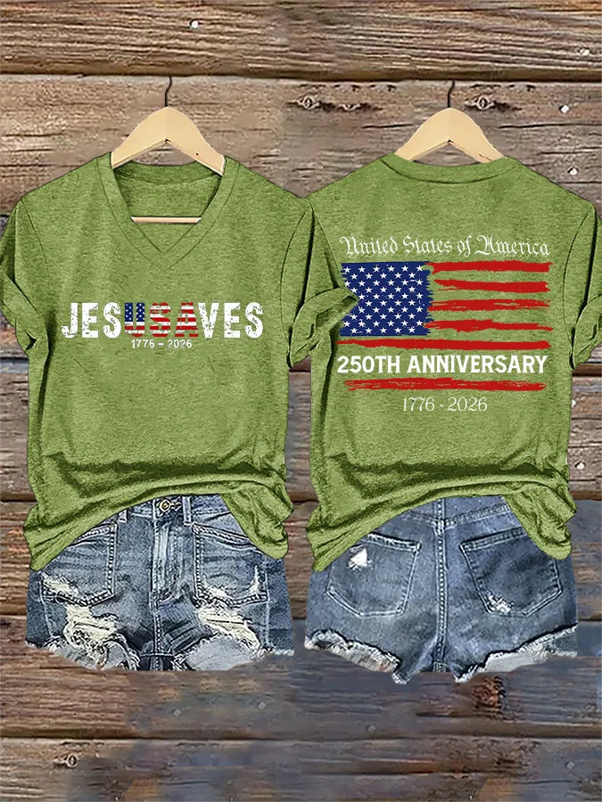 V-Neck Retro Jesus Saves America 250th Anniversary 1776-2026 Print T-Shirt