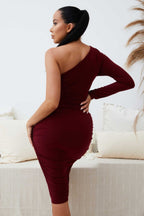 One Shoulder Ruched Slinky Midi Dress