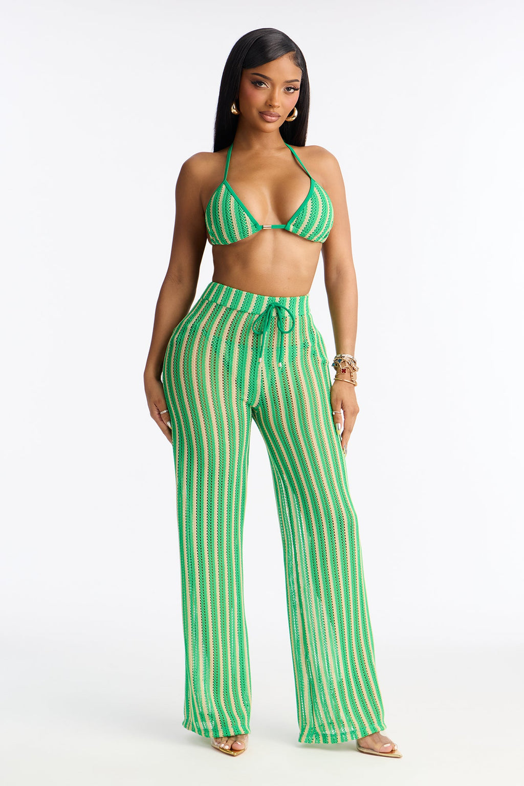 Callie Crochet 3 Piece Bikini & Pants Set - Green/combo