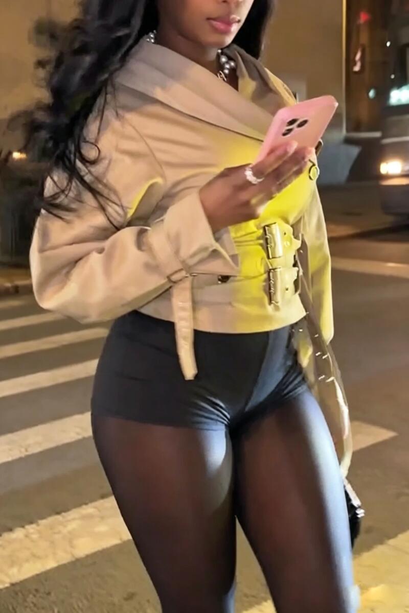 Women Collar and Waist Double Breasted Casual Jacket