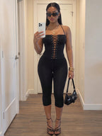 Slaydiva Black Strapless Eyelet Lace-Up Corset & Capri Pants Set - Sexy Bodycon 2 Pieces Outfit For Women-A,Summer Outfits For Women