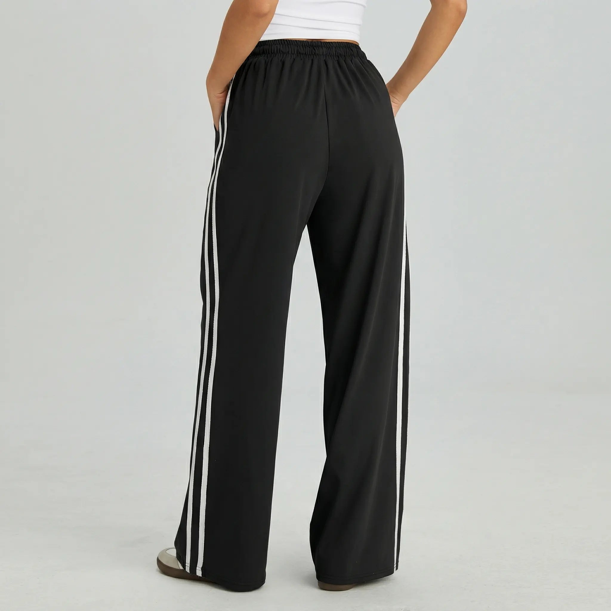 Women's Casual High Waist Striped Wide Leg Trousers, Sporty Drawstring Waist Side Pocket Outfit, Minimalist Versatile Women's Bottom