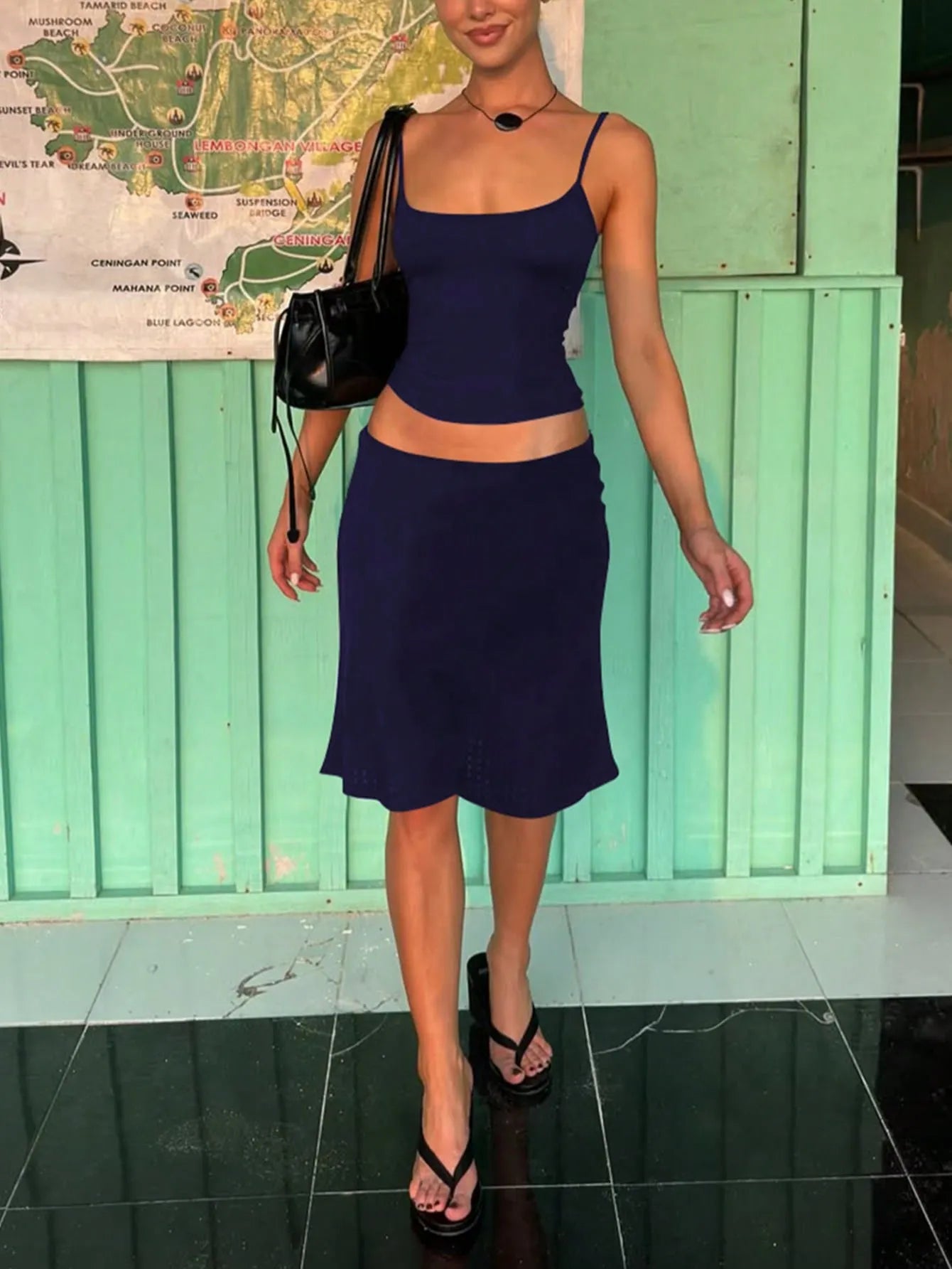 Women's Casual Fitted Solid Color Camisole And Skirt Basic Street Style Vacation Everyday 2-Piece Set Black Summer Elegant