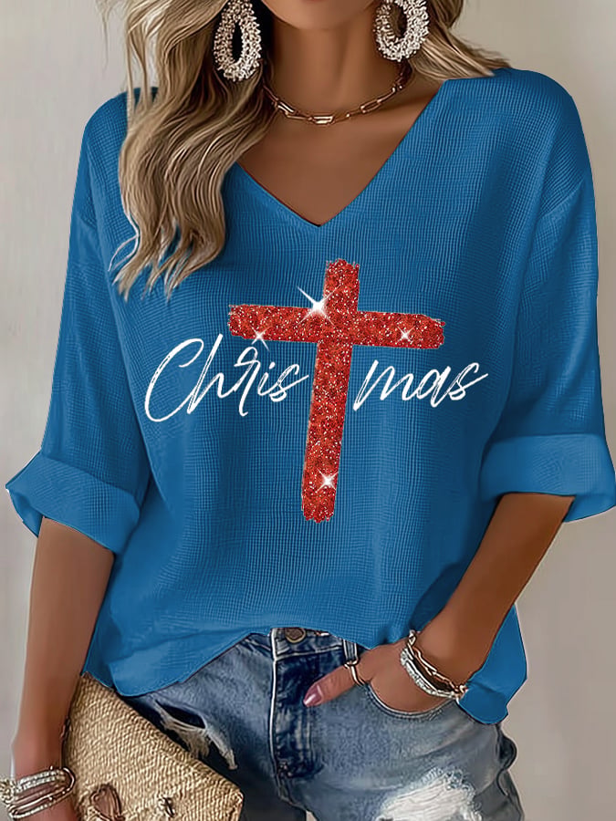 V-Neck Retro Christmas Faith Cross Print T-Shirt