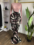 Women's Casual Wear Chic Elegant Tie-Dye, Striped, Patchwork, Printed Ruched Pleats Bodycon Fitted Midi Dress, Fall Winter Vacation Party, O-neck Elastic, Holiday Beach Dress Womenswear Maxi
